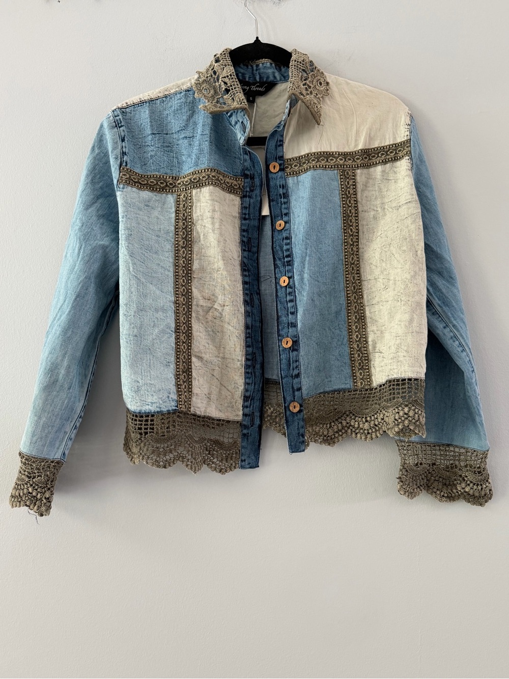 Young Threads  Boho Patchwork Denim & Cream, Olive Crochet-Trim Jacket and lace